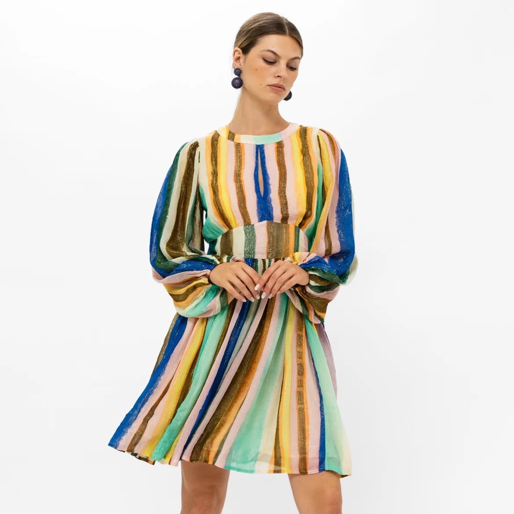 Oliphant Balloon Waisted Mini Zanzibar Multi Striped Mini Dress